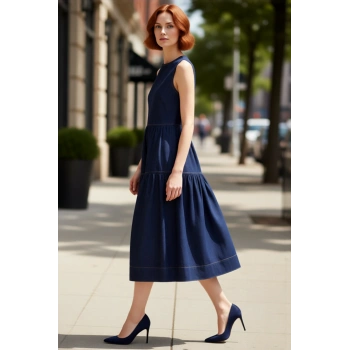 Kadınlar İçin Volanlı Midi Denim Elbise %100 Pamuk Bisiklet Yaka Kolsuz Şık ve Rahat Kaliteli