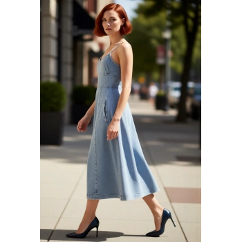 Kadınlar İçin Yazlık V Yaka Askılı Midi Denim Elbise %100 Pamuk Düz Eteği Fırfırlı Şık Tasarım