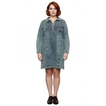 Kadınlara Özel %100 Pamuk Mavi Düz Desen Gömlek Yaka Denim Shift Kalıp Mini Elbise Kaliteli