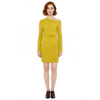 Kadınlara Özel Asimetrik Yaka Büzgü Detaylı Uzun Kollu Kışlık A Line Örme Mini Elbise Kaliteli