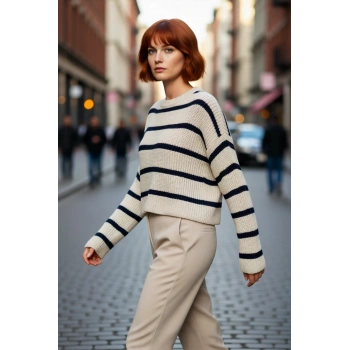 Kadınlara Özel Basic Çizgili Oversize Triko Kazak Bisiklet Yaka Uzun Düşük Kol Kış Şıklığı
