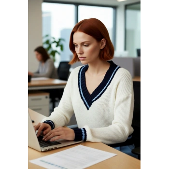 Kadınlara Özel Basic Crop V Yaka Triko Kazak Kışa Uygun Akrilik Renk Bloklu Uzun Kollu Tasarım.