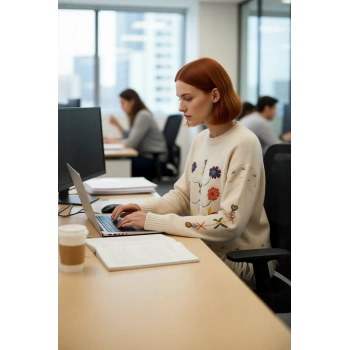 Kadınlara Özel Basic Regular Kalıp Nakış İşlemeli Bisiklet Yaka Super Crop Uzun Kollu Triko Kazak