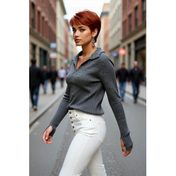 Kadınlara Özel Basic Regular Kesim Polo Yaka Fitilli Triko Kazak Modern ve Konforlu Stil Kaliteli