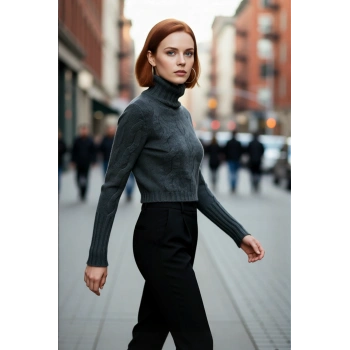 Kadınlara Özel Basic Super Crop Triko Kazak Dik Yaka Uzun Kollu Saç Örgülü Günlük Şıklık Kaliteli