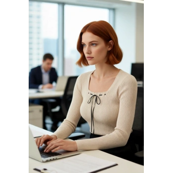 Kadınlara Özel Bej Rengi Kare Yaka Fitted Triko Kazak Uzun Kollu Yapısıyla Casual Tarzınızı