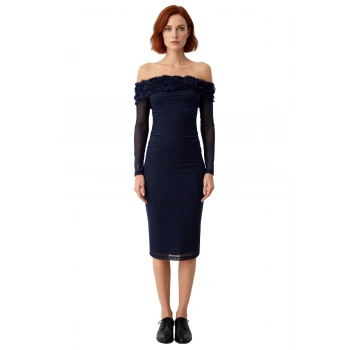 Kadınlara Özel Bodycon Kesim Carmen Yaka Gül Detaylı Midi Tül Abiye Elbise Uzun Kollu Astarlı