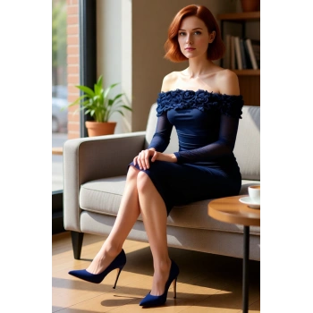 Kadınlara Özel Bodycon Kesim Carmen Yaka Gül Detaylı Midi Tül Abiye Elbise Uzun Kollu Astarlı