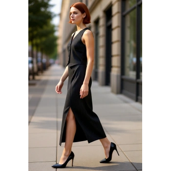 Kadınlara Özel Bodycon Kesim Çizgili V Yaka Kolsuz Midi Örme Elbise Akıllı Tasarım Düğmeli Şıklık