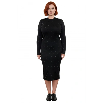 Kadınlara Özel Bodycon Kesim Siyah Triko Elbise Taşlı Detayları ile Midi Boy Uzun Kol Kaliteli