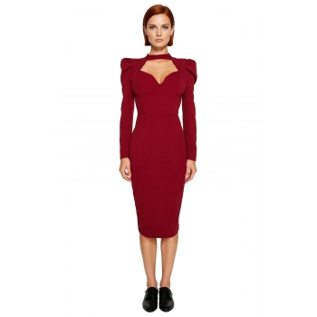 Kadınlara Özel Bordo Bodycon Kesim Midi Elbise Balon Kol Kalp Yaka Gece Kokteyl Davetleri İçin