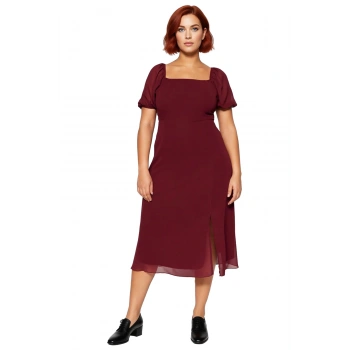 Kadınlara Özel Büyük Beden Kare Yaka Balon Kollu Astarlı Midi Boy Şifon Yırtmaçlı Elbise Kaliteli