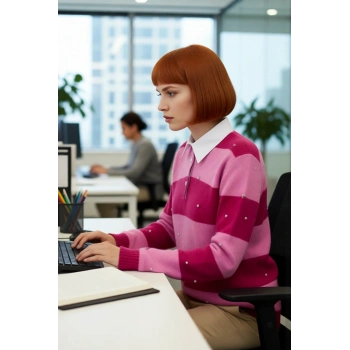 Kadınlara Özel Çizgili Polo Yaka Taş İşlemeli Triko Kazak Oversize Kesim Düşük Kol Kış Giyim