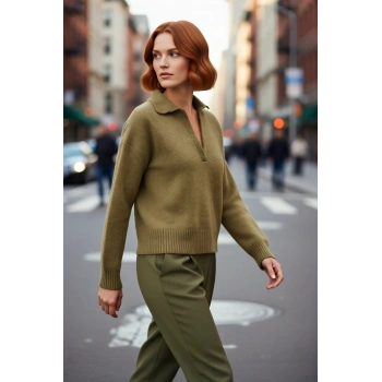 Kadınlara Özel Düşük Kol Oversize Triko Kazak Rahat Kesim Polo Yaka Kış Şıklığı Sunar Kaliteli