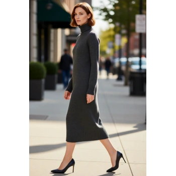 Kadınlara Özel Düz Desen Balıkçı Yaka Midi Triko Elbise Kış Aylarının Rahat ve Şık Seçimi Kaliteli