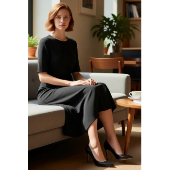 Kadınlara Özel Düz Desen Bisiklet Yaka Midi Elbise %100 Pamuk İnterlok Kumaş Şıklığı Kaliteli