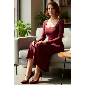 Kadınlara Özel Düz Desenli Uzun Kollu Bodycon Maxi Elbise Kare Yaka Polyester Karışımlı Kaliteli