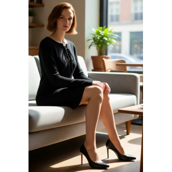 Kadınlara Özel Düz Siyah Mini Triko Elbise Kaçık Yaka Bağcık Detaylı Rahat Giy Çık Sonbahar