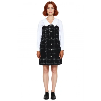 Kadınlara Özel Ekose Desenli Siyah Tüvit Mini Elbise Büyük Beden Kış Modası Trendi Uzun Kollu