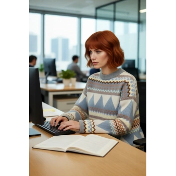 Kadınlara Özel Etnik Desenli Oversize Düşük Kol Bisiklet Yaka Triko Kazak Soğuk Havalara Uyumlu