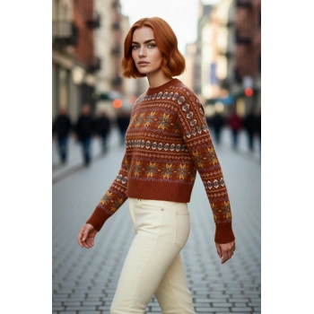 Kadınlara Özel Etnik Desenli Oversize Kalıp Düşük Kol Triko Kazak Kış Aylarının Vazgeçilmezi