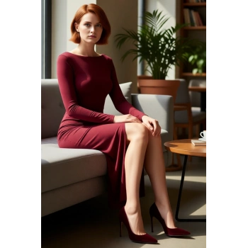 Kadınlara Özel Fitted Kesim Yırtmaç Detaylı Uzun Kollu Maxi Örme Smart Günlük Gece Elbisesi