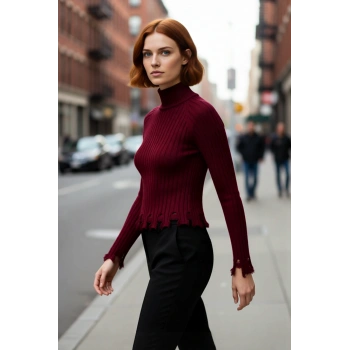 Kadınlara Özel Fitted Kesimli Crop Dik Yaka Uzun Kollu Fitilli Triko Kazak Günlük Stil İçin