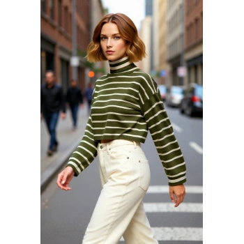Kadınlara Özel Haki Çizgili Balıkçı Yaka Crop Akrilik Triko Kazak Günlük Kullanım İçin İdeal