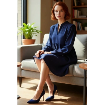 Kadınlara Özel Hakim Yaka Uzun Balon Kol Shift Mini Elbise Rahat Günlük Giy Çık Stili Kaliteli