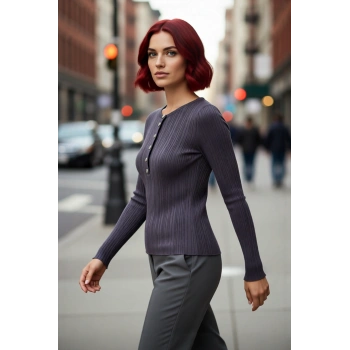 Kadınlara Özel İnce Fitted Triko Bisiklet Yaka Uzun Kollu Fitilli Kazak Günlük Rahatlık Sunar