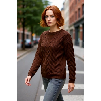 Kadınlara Özel Kayık Yaka Saç Örgü Desenli Regular Kalıp Uzun Kollu %100 Akrilik Triko Kazak