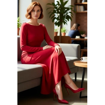 Kadınlara Özel Kayık Yaka Uzun Kol Bodycon Kesim Maxi Elbise Smart Mezuniyet ve Balo Şıklığı