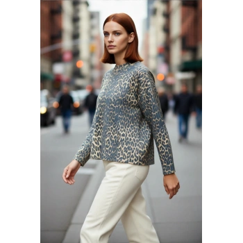 Kadınlara Özel Kışlık Oversize Leopar Desen Bisiklet Yaka Triko Kazak Günlük Kombinlerinize Şıklık