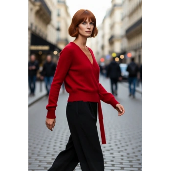 Kadınlara Özel Kruvaze Yaka Triko Kazak Regular Kalıp Günlük Konforlu Şık Basic Tasarım Kaliteli