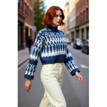 Kadınlara Özel Oversize Dik Yaka Etnik Desenli Kalın Triko Kazak Kış Şıklığı İçin Crop Kesim