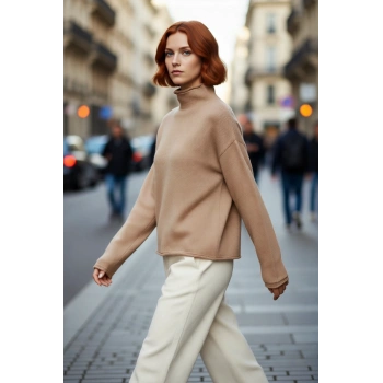 Kadınlara Özel Oversize Dik Yaka Triko Kazak Uzun Düşük Kol Kışlık Günlük Şıklık Ve Rahatlık Sunar