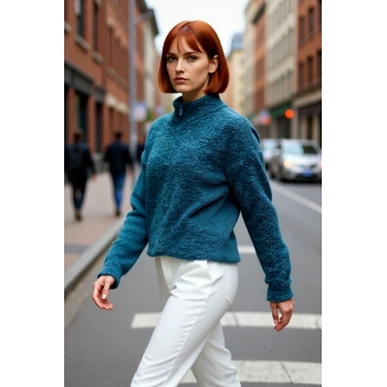 Kadınlara Özel Oversize Dokulu Standart Kol Dik Yaka Fermuarlı Triko Kazak Soğuk Günler İçin