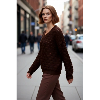 Kadınlara Özel Oversize Dokulu V Yaka Triko Kazak Düşük Kol Rahat Kesim İlkbahar Sonbahar Kaliteli