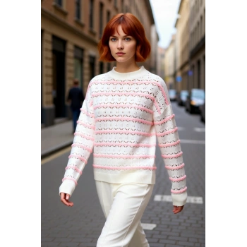 Kadınlara Özel Oversize Geniş Kesim Düşük Kol Bisiklet Yaka Ajurlu Triko Kazak Kışlık Stil