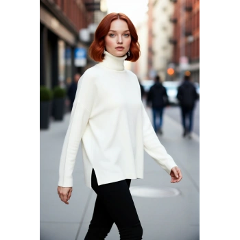 Kadınlara Özel Oversize Kesim Düz Desen Balıkçı Yaka Uzun Kollu Triko Kazak Kış Modası Kaliteli