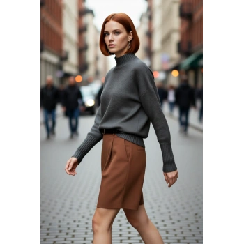 Kadınlara Özel Oversize Rahat Kalıp Düz Renk Triko Kazak Dik Yaka Reglan Kol Kış Modasının