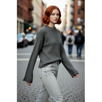 Kadınlara Özel Oversize Triko Kazak İspanyol Kol Bisiklet Yaka Uzun Kollu Rahat Şıklık Kaliteli