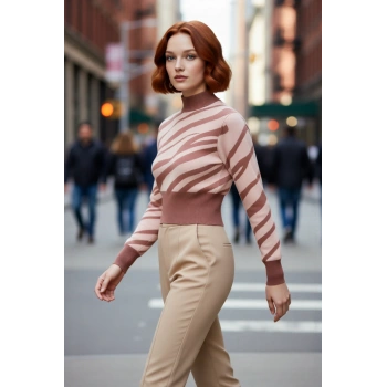 Kadınlara Özel Pembe Zebra Desenli Dik Yaka Uzun Kollu Crop Triko Kazak Kış Şıklığı İçin Kaliteli