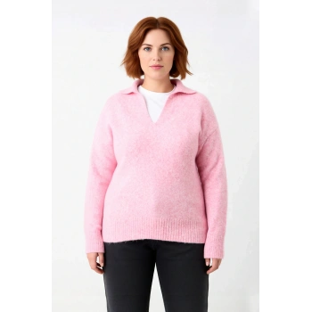 Kadınlara Özel Polo Yaka Regular Kalıp Düz Desen Yumuşak Dokulu Uzun Kollu Günlük Triko Kazak