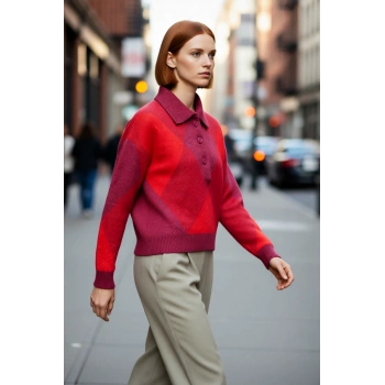 Kadınlara Özel Rahat Oversize Polo Yaka Baklava Desenli Triko Kazak Sonbahar Kış Şıklığı Sunar