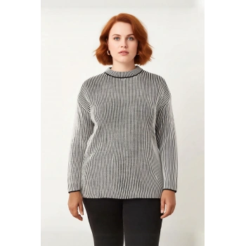 Kadınlara Özel Regular Fit Fitilli Çizgili Bisiklet Yaka Uzun Kollu Triko Kazak Kış Sezonu İçin