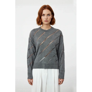 Kadınlara Özel Regular Kalıp Ajurlu Triko Kazak Bisiklet Yaka Düşük Kollu Modern Şıklık Kaliteli