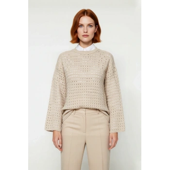 Kadınlara Özel Regular Kalıp Bisiklet Yaka Ajurlu Uzun Kollu Orta Kalın Triko Kazak Kaliteli