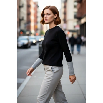 Kadınlara Özel Regular Kalıp Bisiklet Yaka Renk Bloklu Uzun Kollu Triko Kazak Günlük Şıklık