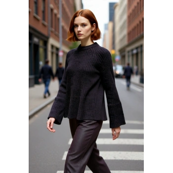 Kadınlara Özel Regular Kalıp Bisiklet Yaka Triko Kazak Reglan Kol Uzun Kollu Peplum Detayı